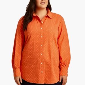 LANDS END Preppy Coral Polka Dot Button Up Blouse Women Plus Sz 22  Long Sleeve